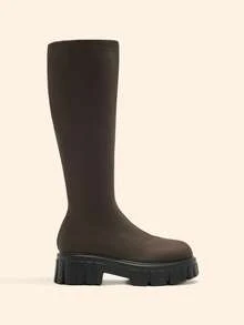 CUCCOO BASICS Women's Fashion Round Toe Slip-On Fabric Upper PU Sole Elastic Knee-High Boots. Classic Autumn/Winter Women's Boots Winter Boots - dark coffee - View 2