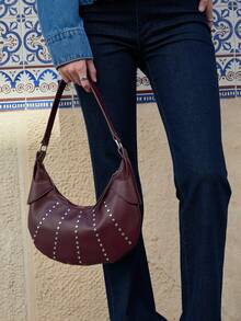 Nöista Burgundy Shoulder Bag With Stud Detailing, Curved Silhouette And Double Top Handle For A Sleek Finish. - Burgundy - View 5