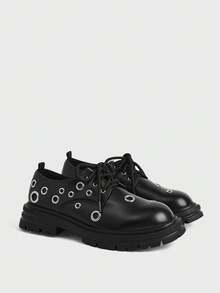 Sugerpunk Insole Hole Design Round Head Platform Loafers Women's Casual Black Versatile Fashion Punk Style Versatile Outdoor Single Shoes - Black - View 2