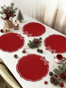 4/8Pcs Red Christmas Linen Placemats, Round Table Mats 38cm Diameter With Red Bow Design, Xmas Happy Table Decor, Holiday Party Desktop Ornament, Home Kitchen Christmas Decoration - Christmas A - View 8