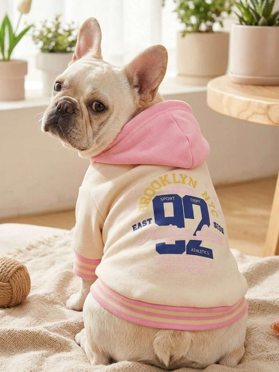 PETSIN 1件粉黃配色可愛寵物印花衛衣,柔軟舒適保暖防掉毛寵物衣服 - 彩色 - 查看 1