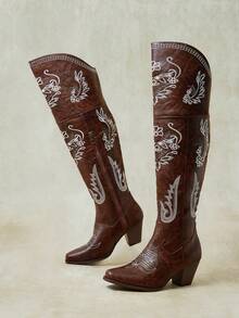 Styleloop Bốt cao quá gối phong cách Western thêu hoa họa tiết mài rách - màu nâu - Xem 4