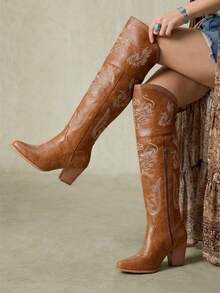 Styleloop Light Camel Made Old Flower Embroidered Over The Knee Western Cowboy Boots Women, Pointed Thick Heel Side Zipper, Retro Pastoral Slim Boots - Khaki. - View 3