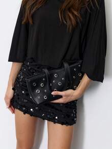 Nöista Black Bag With Silver Eyelet Detailing, Double Handles And A Structured Rectangular Silhouette. - Black - View 7