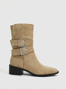Daringsoles Women's Suede Retro Double-Buckle Square-Heeled Short Boots, Folded Boots And Metal Square-Buckled Western Style, Daily Commuting In Autumn And Winter - Khaki - View 2