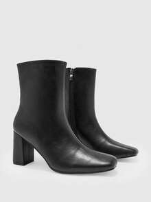 CUCCOO BIZCHIC Women's Pointed Toe Chunky High Heel Black Ankle Boots, Side Zipper Autumn/Winter Boots, Minimalist Basic Commuter Style - Black - View 1