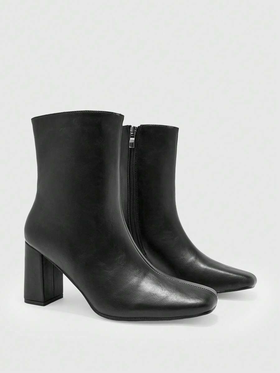 CUCCOO BIZCHIC Women's Pointed Toe Chunky High Heel Black Ankle Boots, Side Zipper Autumn/Winter Boots, Minimalist Basic Commuter Style - Black - View 1