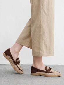 CUCCOO BIZCHIC Giày Loafers nữ phối màu retro mũi tròn, chất liệu lưới và da lộn ghép mảnh, phong cách Anh, giày tây đa năng - Màu vàng nhạt 1 - Xem 2