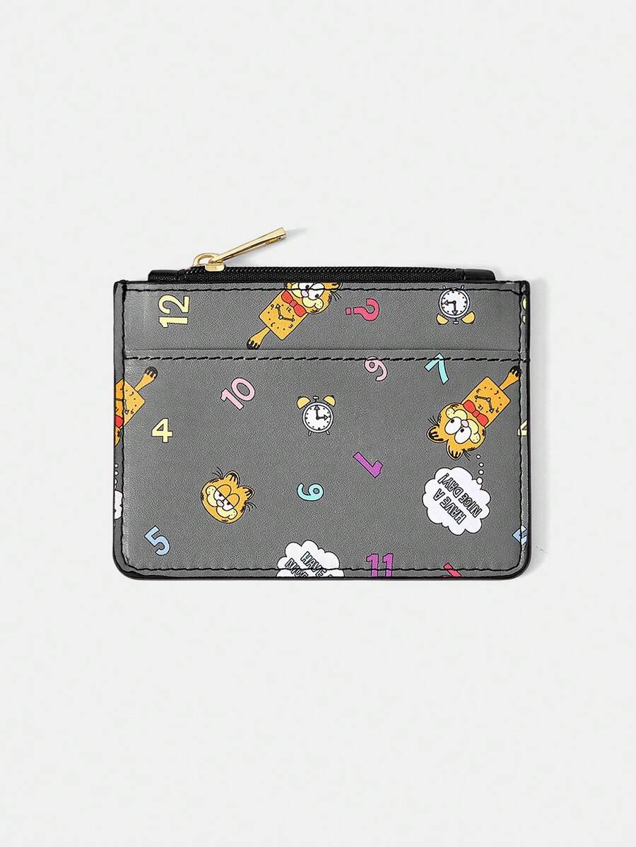 GARFIELD | SHEIN Women's Fashion Grey Cartoon All‑Over Print Zip Card Holder, Number Alarm Clock Cat Print, Gold Zipper Multi‑Slot Card Wallet For Commute And Shopping - Grey - View 1