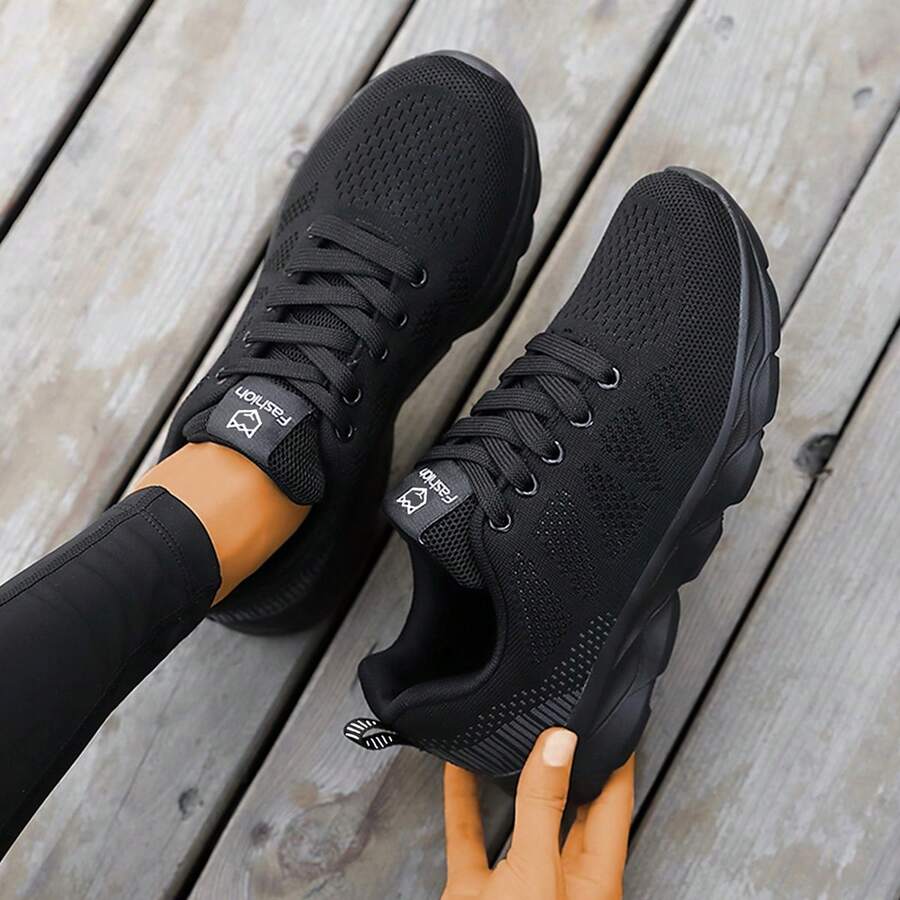 duokixx Ladies Outdoor Sports Style Lace-Up Fabric Sneakers - Black - View 1