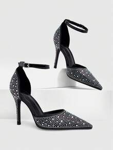 CUCCOO SZL High Heel Pointed Toe Rhinestone Hollow Out Stiletto Heeled Women Sandals, Banquet Stage French Toe Fully Rhinestone Embellished Spring Shoes Spring Break Easter For Christmas Spring Shoes Fall Shoes - Black - View 1