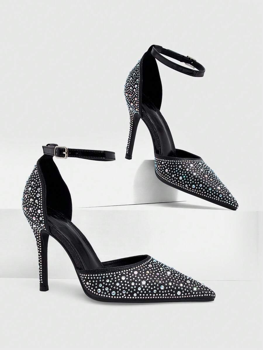 CUCCOO SZL High Heel Pointed Toe Rhinestone Hollow Out Stiletto Heeled Women Sandals, Banquet Stage French Toe Fully Rhinestone Embellished Spring Shoes Spring Break Easter For Christmas Spring Shoes Fall Shoes - Black - View 1
