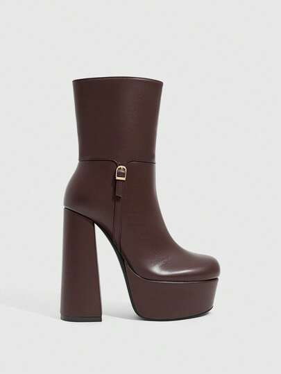 CUCCOO SZL Women Shoes Brown Round Head Thick Heel Platform Side Zipper Women's Medium Boots Short Boots Fashion Sexy Party Banquet Simple Style Banquet Women's