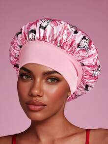 Betty Boop x SHEIN Upgraded Version Of Double-Layer Fabric, Hair Care Cap, Wide-Brimmed Elastic Satin Sleep Cap, Soft And Comfortable, Suitable For Daily Home Sleep Wear - Pink - View 3