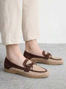 CUCCOO BIZCHIC Giày Loafers nữ phối màu retro mũi tròn, chất liệu lưới và da lộn ghép mảnh, phong cách Anh, giày tây đa năng - Màu vàng nhạt 1 - Xem 4