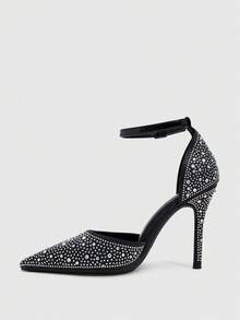 CUCCOO SZL High Heel Pointed Toe Rhinestone Hollow Out Stiletto Heeled Women Sandals, Banquet Stage French Toe Fully Rhinestone Embellished Spring Shoes Spring Break Easter For Christmas Spring Shoes Fall Shoes - Black - View 4
