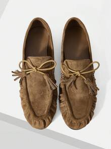 Mnmlis Brown Suede Loafers Women's Round Head Bow Fringed Pleated Lazy One-Pedal Retro Single Shoes - Brown - View 1