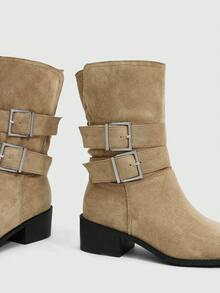 Daringsoles Women's Suede Retro Double-Buckle Square-Heeled Short Boots, Folded Boots And Metal Square-Buckled Western Style, Daily Commuting In Autumn And Winter - Khaki - View 5