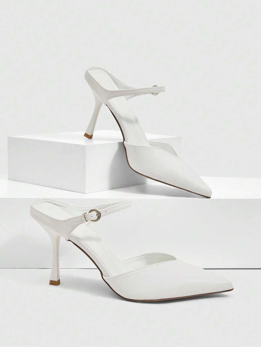 CUCCOO SZL Women's Pointed V-Mouth Buckle Foot Strap Design PU Surface. Empty Single Shoes For Daily Commuting Elegant High Heels - White - View 1