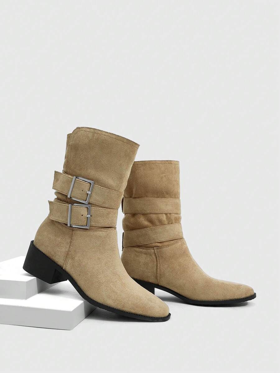 Daringsoles Women's Suede Retro Double-Buckle Square-Heeled Short Boots, Folded Boots And Metal Square-Buckled Western Style, Daily Commuting In Autumn And Winter - Khaki - View 1