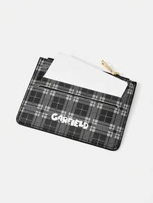 GARFIELD | SHEIN Fashion Women Black Grey Plaid Cartoon Cat Print Zip Card Holder, Gold Zipper Multi‑Slot Card Wallet, College Retro Style For Commute And Shopping - Black - View 3