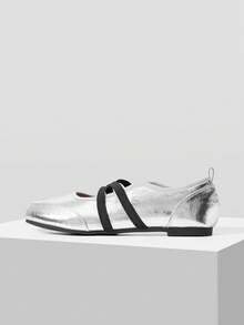 Mnmlis Women's Metallic Silver Split Toe Crisscross Elastic Strap Flat Ballet Shoes - Silver - View 5