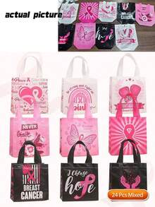 24Pcs Pink Ribbon Breast Cancer Awareness Non-Woven Tote Bags, Reusable Waterproof Fight Against Breast Cancer Gift Bags With Handles, Hope Butterfly Print Charity Favor Bags For Breast Cancer Awareness Event - Multicolor - View 6