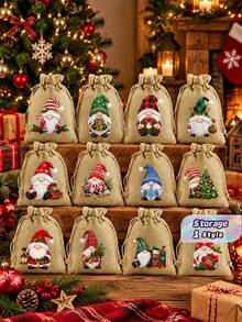 12Pcs Christmas Gnome Drawstring Gift Bags, 10*14cm Linen Santa Gnome Pouches, Reusable Xmas Candy Jewelry Present Sacks With Drawstring For Holiday Gift Giving Party Decor - Multicolor - View 1
