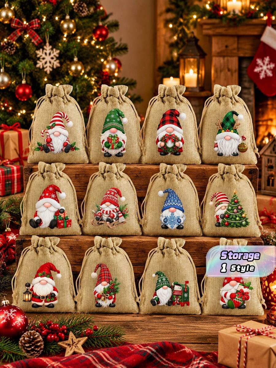 12Pcs Christmas Gnome Drawstring Gift Bags, 10*14cm Linen Santa Gnome Pouches, Reusable Xmas Candy Jewelry Present Sacks With Drawstring For Holiday Gift Giving Party Decor - Multicolor - View 1