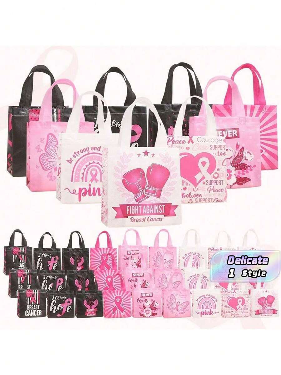 24Pcs Pink Ribbon Breast Cancer Awareness Non-Woven Tote Bags, Reusable Waterproof Fight Against Breast Cancer Gift Bags With Handles, Hope Butterfly Print Charity Favor Bags For Breast Cancer Awareness Event - Multicolor - View 1