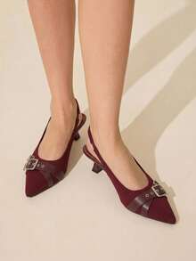 CUCCOO BASICS Women's Pointed Kitten Heel High Heels Burgundy Knitted Back Strap Buckle Low Vamp Shoes Comfortable And Breathable Versatile Commuter Workplace - Burgundy - View 2