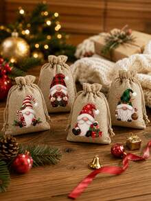 12Pcs Christmas Gnome Drawstring Gift Bags, 10*14cm Linen Santa Gnome Pouches, Reusable Xmas Candy Jewelry Present Sacks With Drawstring For Holiday Gift Giving Party Decor - Multicolor - View 5
