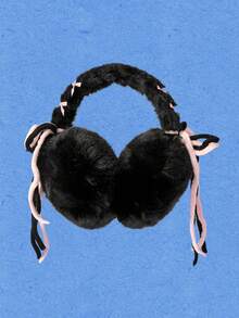 Popjeli Black Furry Earmuffs With Pink Bow Decor Cute Y2K Winter Warm Ear Covers - Black and pink - View 5