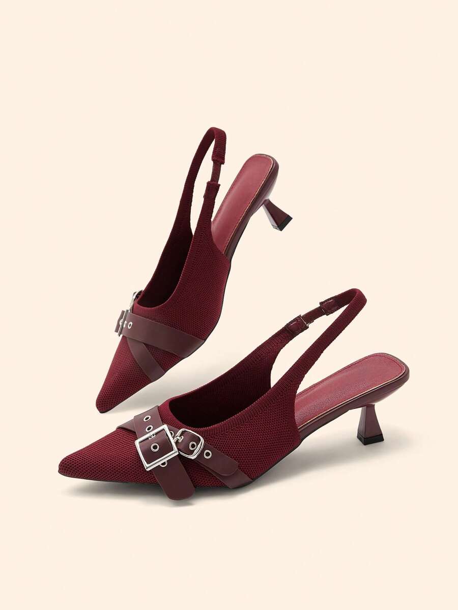 CUCCOO BASICS Women's Pointed Kitten Heel High Heels Burgundy Knitted Back Strap Buckle Low Vamp Shoes Comfortable And Breathable Versatile Commuter Workplace - Burgundy - View 1