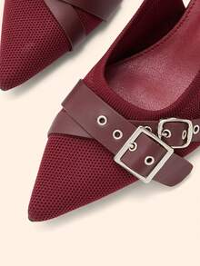 CUCCOO BASICS Women's Pointed Kitten Heel High Heels Burgundy Knitted Back Strap Buckle Low Vamp Shoes Comfortable And Breathable Versatile Commuter Workplace - Burgundy - View 6
