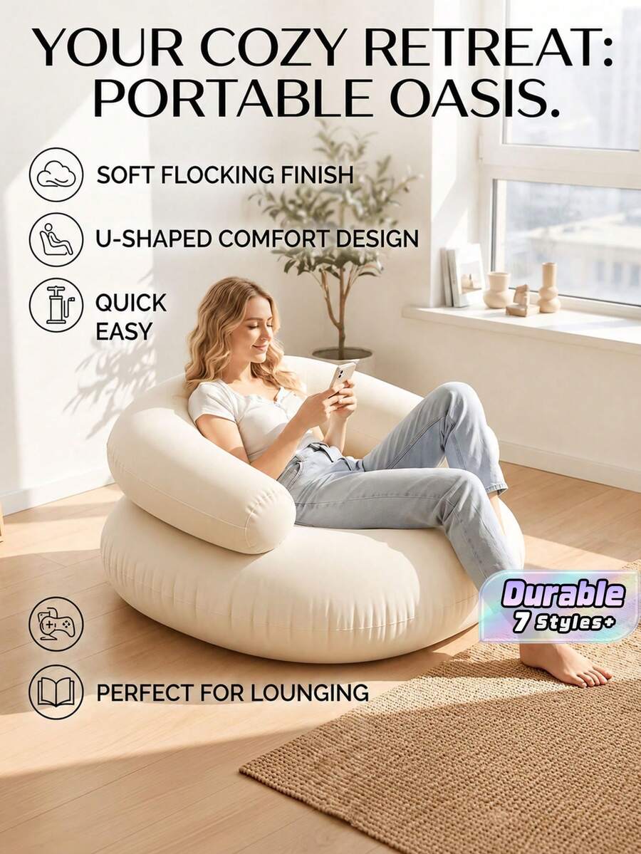 1pc U Shape Soft Plush Inflatable Lazy Sofa With Armrest And Backrest Durable Leakproof PVC Portable Foldable Inflatable Sofa Comfort Leisure Seat For Indoor Outdoor Home Office Camping Daily Use - A - View 1