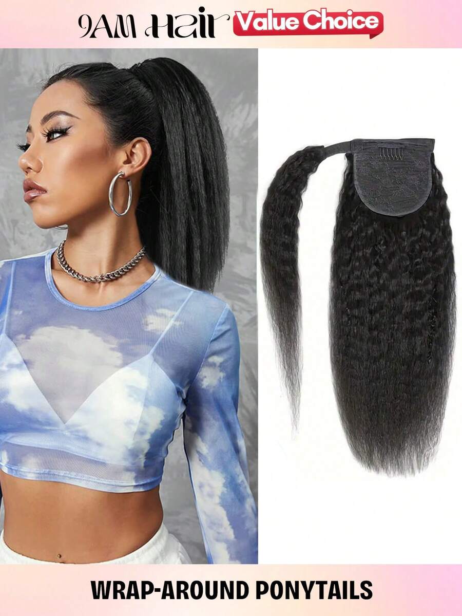 Kinky Straight Wrap Around Ponytail Human Hair Extension Natural Black Color Extensions For Women Daily Use Easy To Wear Human Hair Extensions Clip In Comb Wrap Around Pony Tail Extensions - Natural Black - View 1