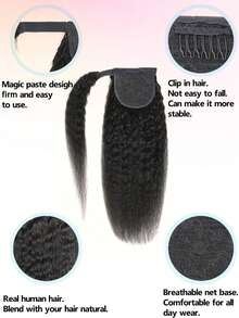 Kinky Straight Wrap Around Ponytail Human Hair Extension Natural Black Color Extensions For Women Daily Use Easy To Wear Human Hair Extensions Clip In Comb Wrap Around Pony Tail Extensions - Natural Black - View 4