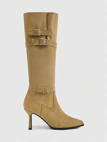 Daringsoles Women's Pointed Stiletto Boots, Multi-Channel Metal Buckle Design, Suede, Retro Spice Girl Style, Women's Boots For Daily Commuting In Spring And Autu - Khaki - View 7