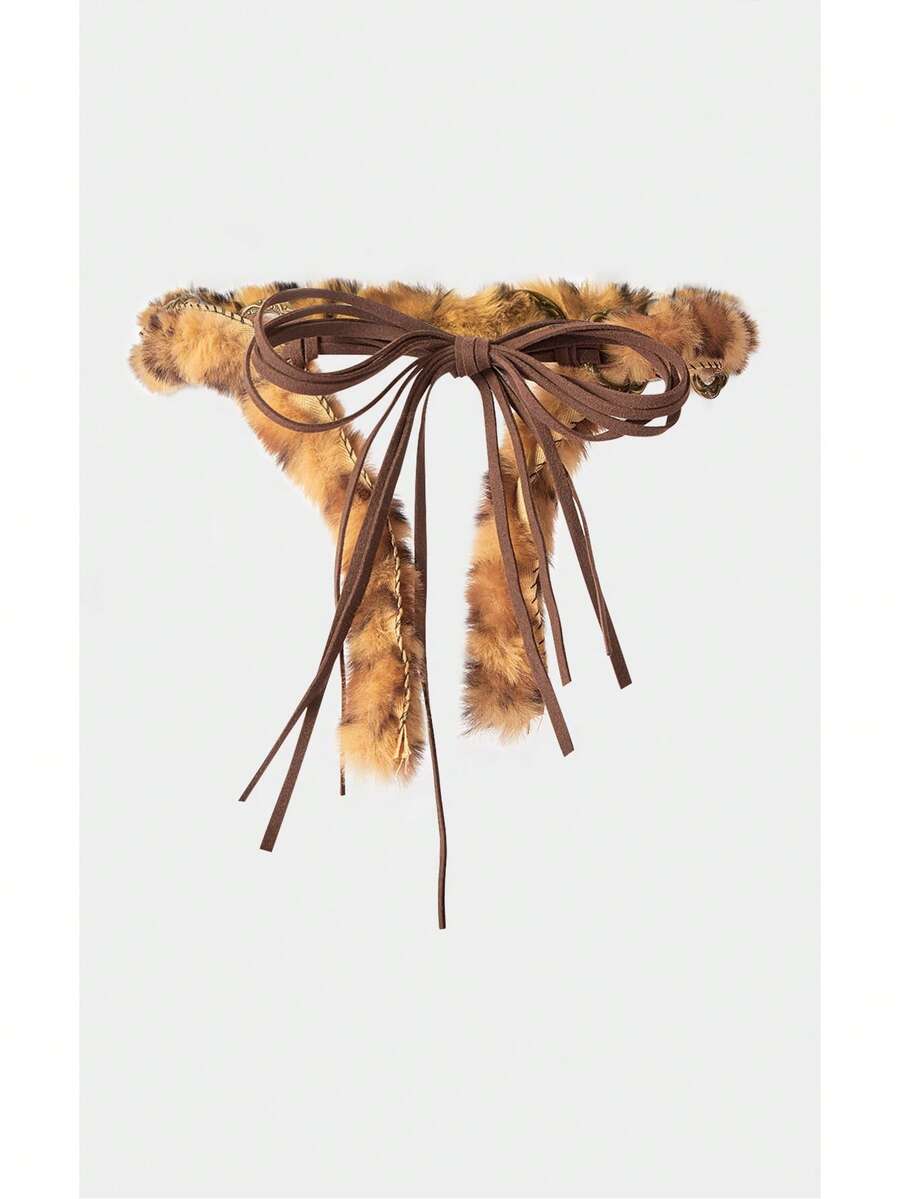 Noxbound Striped Plush Ring Fringed Belt, Retro Old Leather Rope Lace Decorative Belt - leopard print - View 1