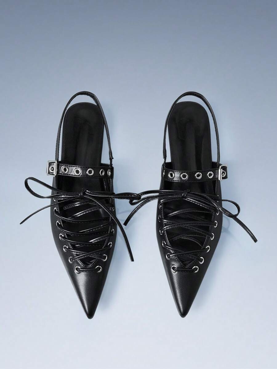 CUCCOO GRLICON Buckle Strap Design Pointed Flat Sandals Black PU Leather Versatile Low-Heeled Single Shoes Women, Suitable For Locomotive Style And Personality - Black - View 1