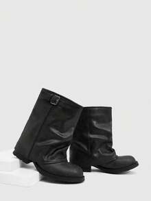 Daringsoles 女款新款鬆弛感長褲靴，秋冬百搭厚底復古扣飾百褶中筒靴 - 深灰色 - 查看 7