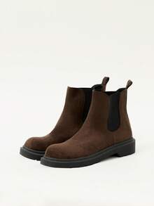 Nöista Maillard Dark Brown Chelsea Booties Round Toe Elastic Sleeve Thick Bottom Low Heel Retro Commuter Ankle Boots - Brown - View 4