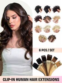 6Pcs Clip In Human Hair Extensions With Side Highlights, Instant Volume And Length, Natural Seamless Blend, Easy To Wear For Women, Daily & Party Looks, Halloween Costumes & Christmas - Multicolor - View 1