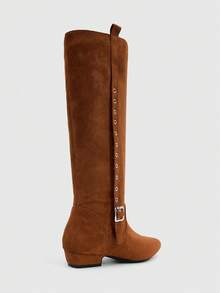 Daringsoles Autumn And Winter Cool Sa Brown Suede Side Strip Perforated Metal Square Buckle Low Heel Skinny Modified Leg Versatile Fashion Boots Winter Boots - Brown - View 3