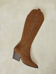 Styleloop Camel Suede Plain Simple Tall Western Cowboy Boots Women, Pointed Thick Heel, Versatile And Thin Autumn And Winter Boots - Camel - View 6