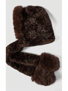Noxbound Retro Leopard Print Bear Ears Plush Hat Female, Autumn And Winter Warm Hat, Scarf And Gloves Integrated Hat - Brown - View 3