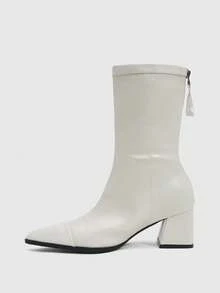 Daringsoles 秋冬米白色尖頭粗跟後拉鍊拼接漆皮細高跟中筒女靴 - 米白色 - 查看 4