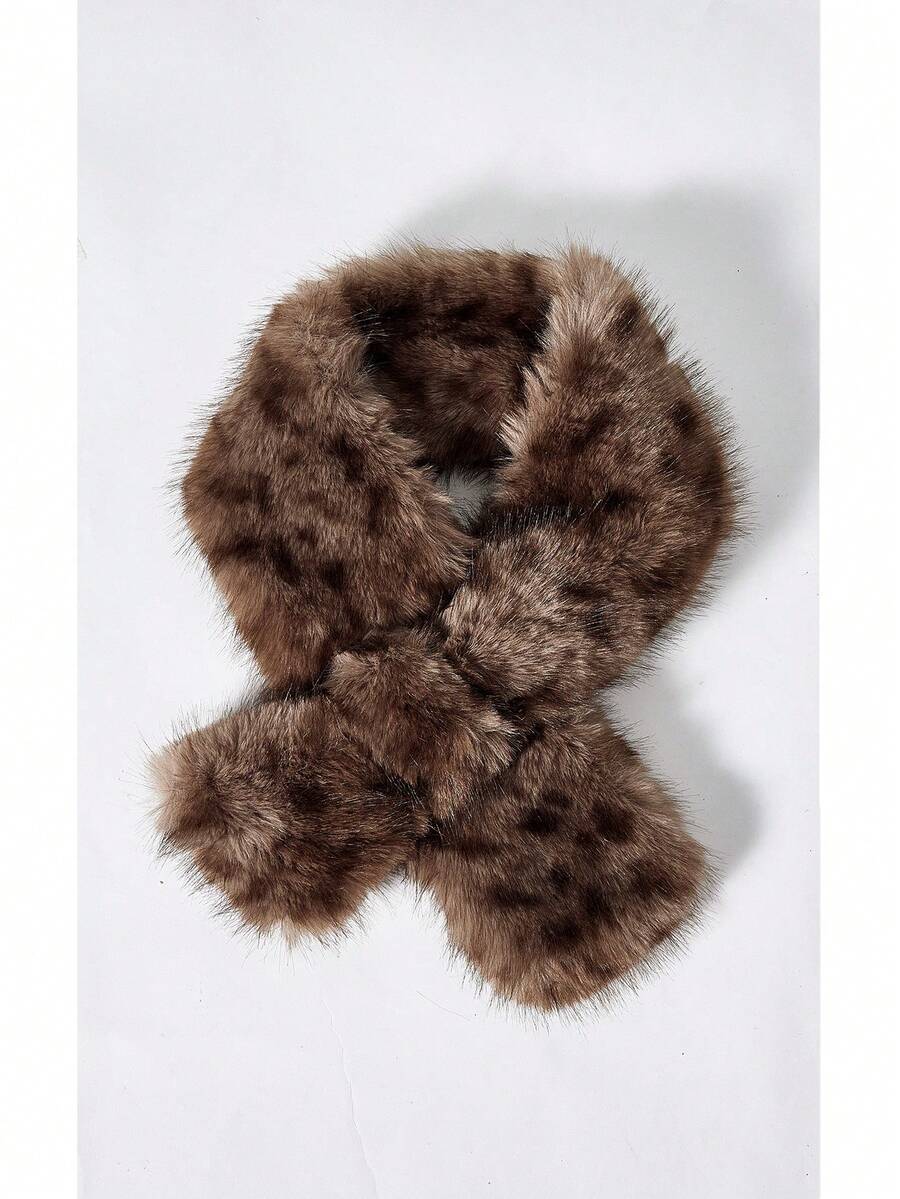 Noxbound Leopard Print Imitation Fur Bow Scarf Female, Retro Fashionable Fluffy Bow Tie Scarf Winter Coat Accessories - leopard print - View 1