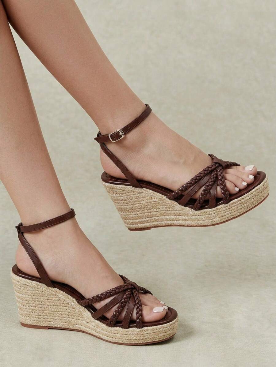 Styleloop Women's Wedge Heel Platform Sandals Spring And Summer Fashion Versatile New Round Toe Straw Bottom Buckle Woven Sandals Hemp Rope Sole Sandals Outdoor - Coffee Brown - View 1